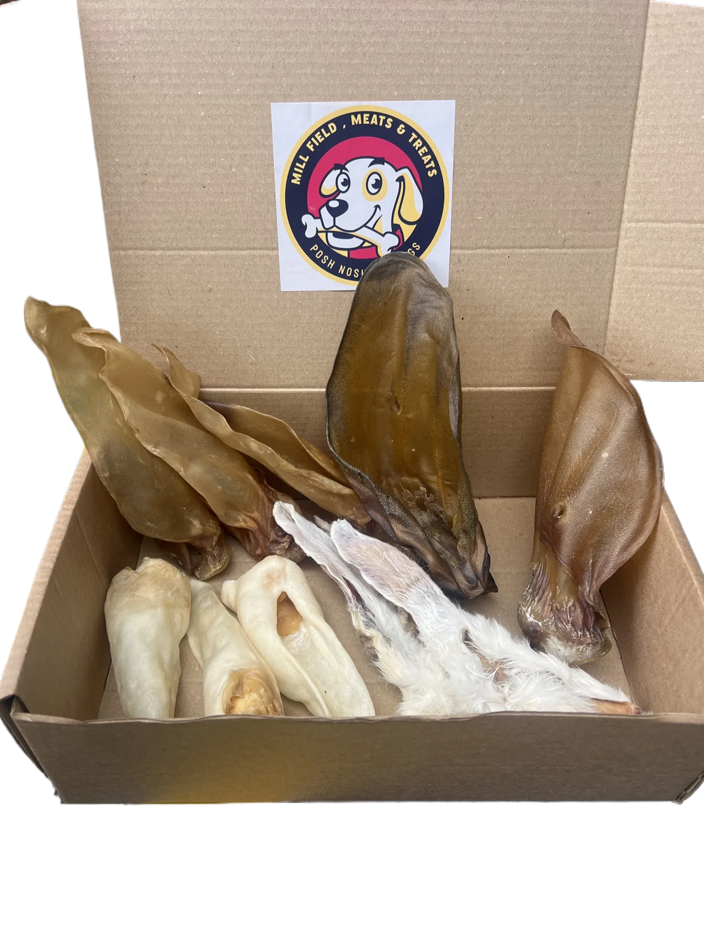 Everything Ear treat box £9.99 , 3 large beef ears , 3 Cow Ears , 3 Goats ears , 6 rabbit ears with fur , 3 Rabbit ears plain