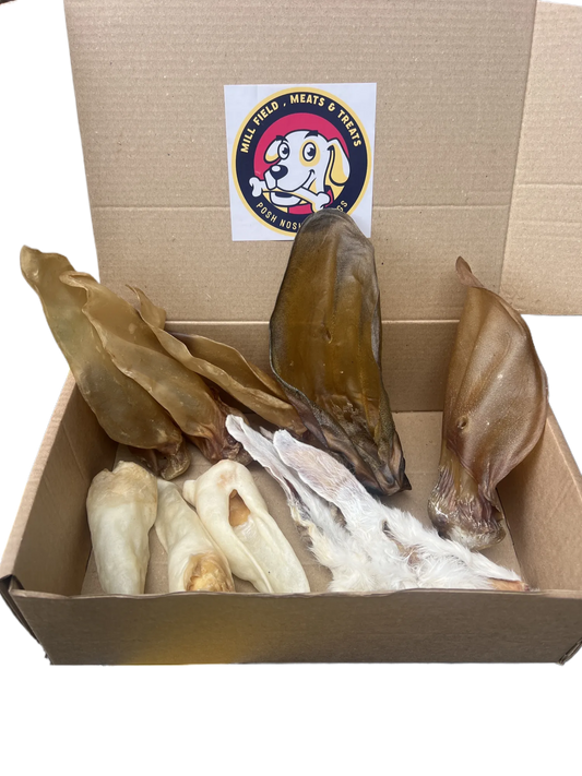 Everything Ear treat box £9.99 , 3 large beef ears , 3 Cow Ears , 3 Goats ears , 6 rabbit ears with fur , 3 Rabbit ears plain
