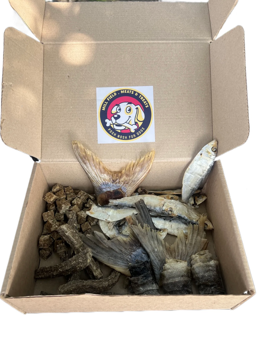Fabulous Fish Treat box £11.99 . 100 grams Cod cubes, 6 Cod beams, 3 Pangasius Fish tails ,3 Cod skin rolls , 100 grams large sardine sprat